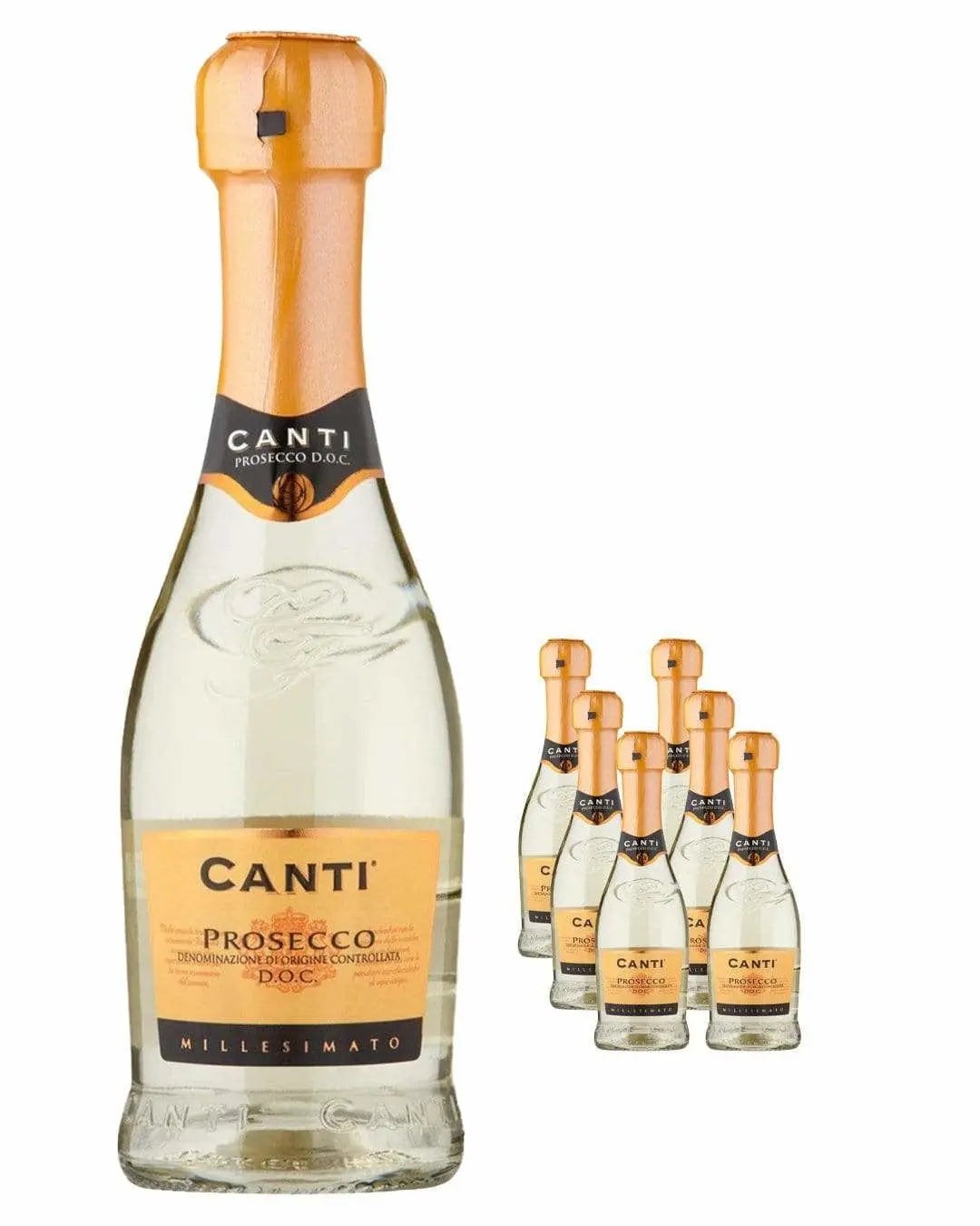 Twelve 20 cl bottles of Canti Spumante Prosecco, featuring a clear glass design with a cork-like top and a gold label showcasing the brand name and D.O.C. designation.