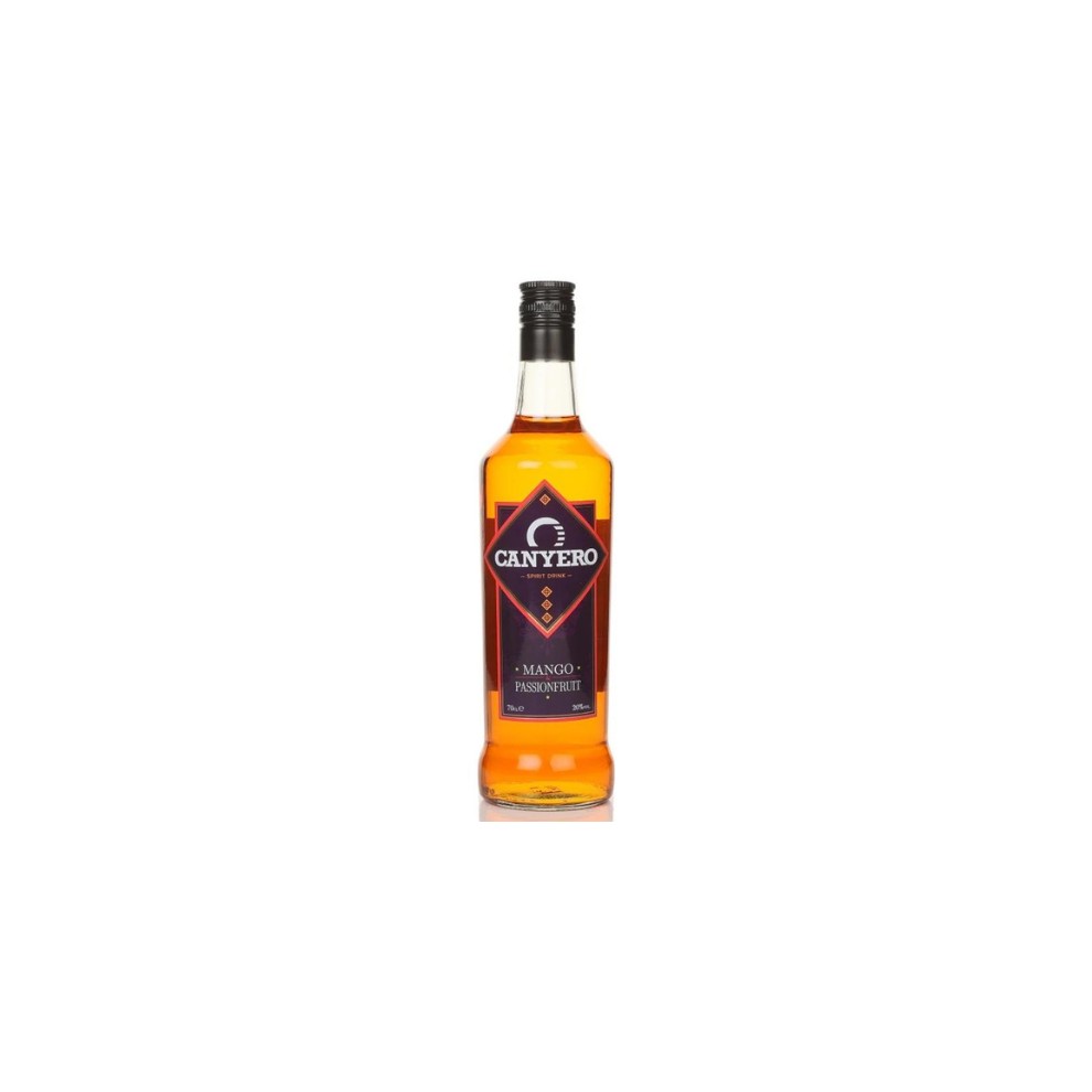 Canyero Mango & Passionfruit Vodka bottle, 70 cl, featuring a clear glass design with a vibrant orange liquid, a black cap, and a bold label with red and white accents.