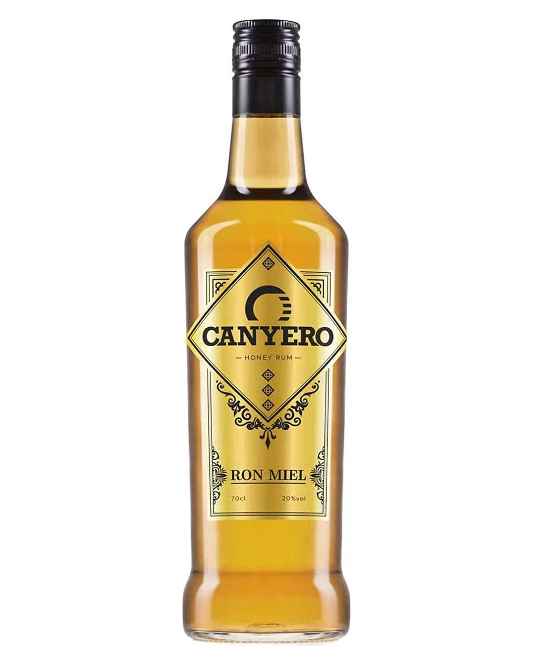 Canyero Ron Miel Honey Rum bottle, 70 cl, featuring a clear glass design with a golden honey-colored liquid, black and gold label with diamond shape and elegant typography.