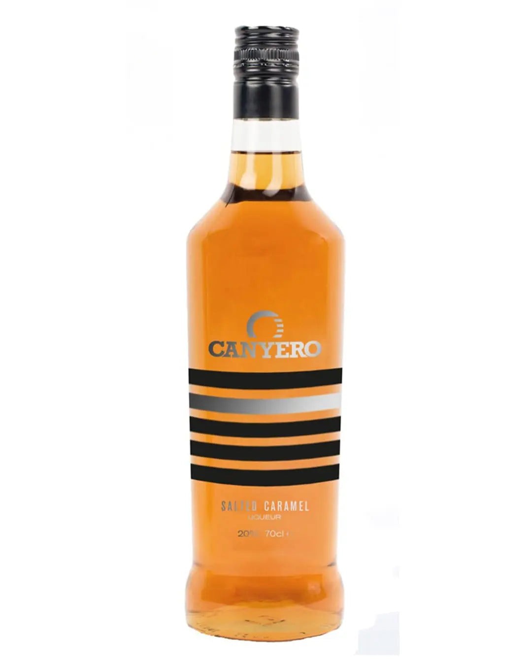 Canyero Salted Caramel Rum bottle, 70 cl, featuring a clear glass body, amber liquid, black and silver label with bold "CANYERO" text and horizontal stripes.