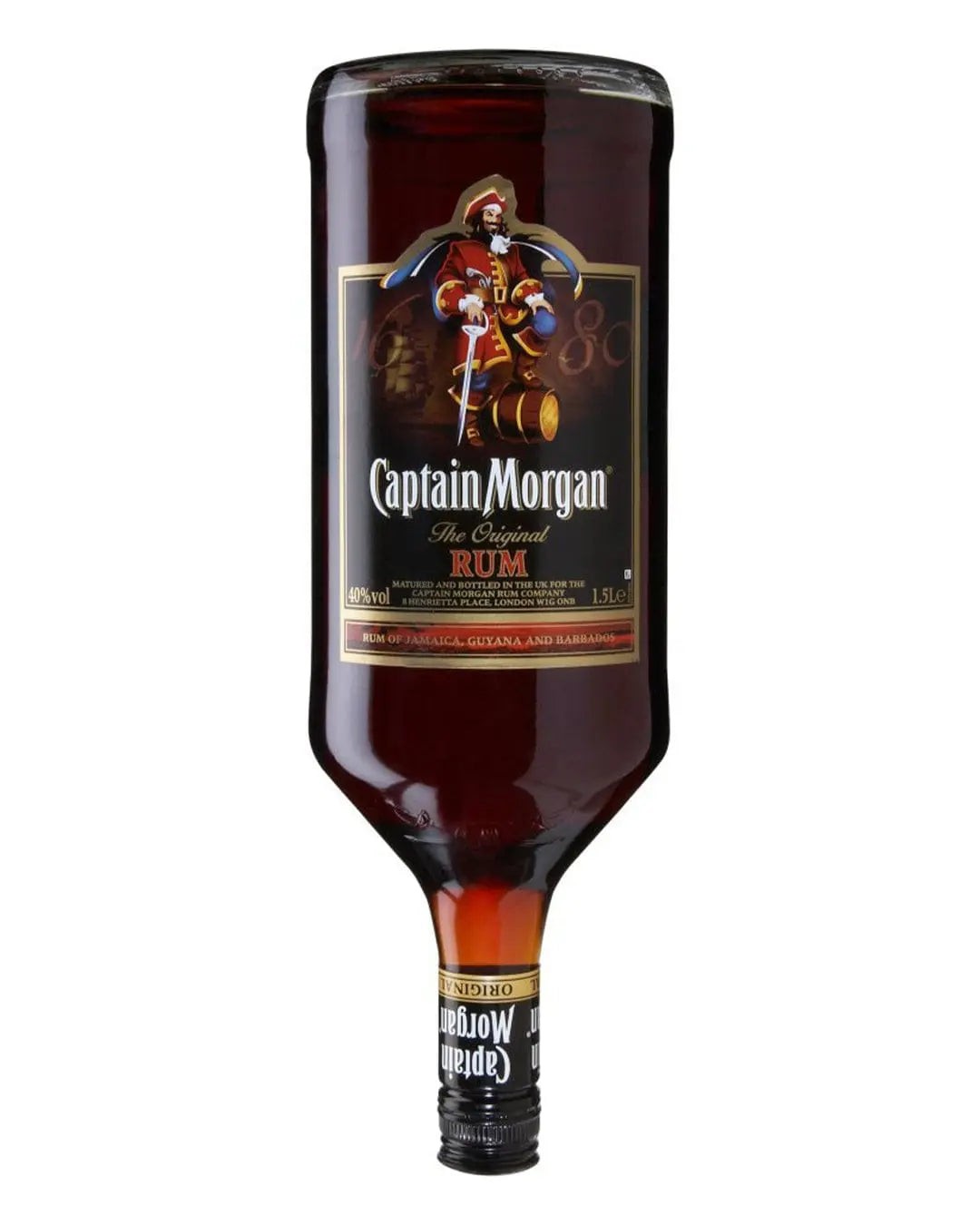 Dark amber bottle of Captain Morgan Dark Rum, 1.5 L, featuring a pirate logo, gold accents, and a black screw cap, with a label detailing the rum's origin and alcohol content.