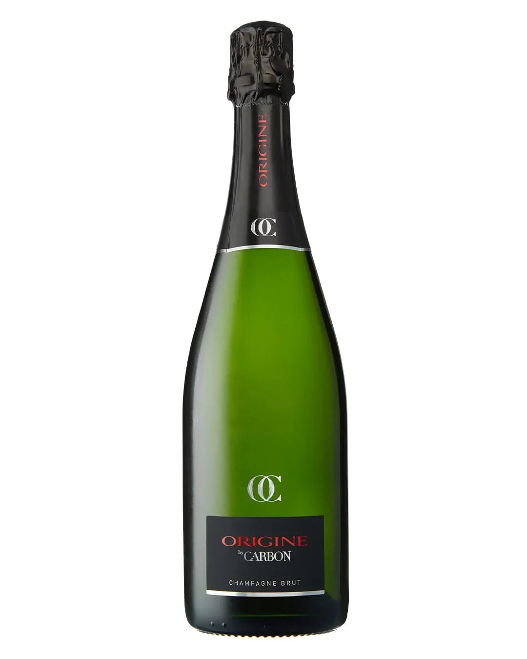 Green glass bottle of Carbon Cuvée Origine champagne, featuring a black label with white and red text, topped with a textured black cork.