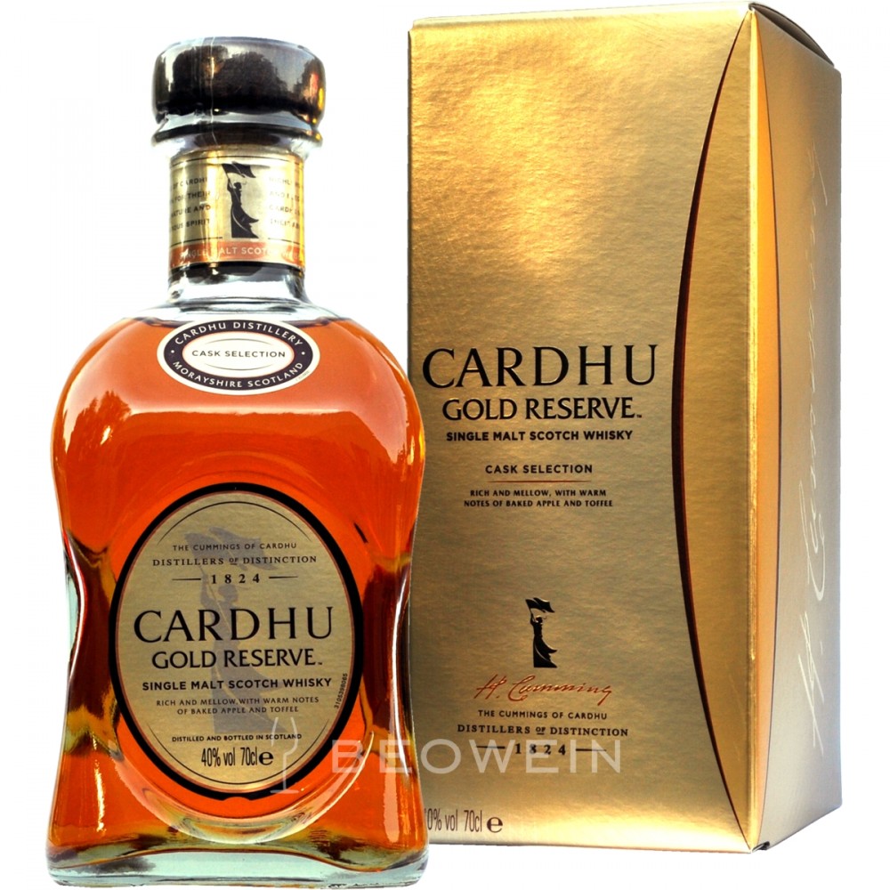 Amber-colored Cardhu Gold Reserve Whisky in a curved glass bottle with a black cap, accompanied by a gold box featuring the brand name and details in bold lettering.
