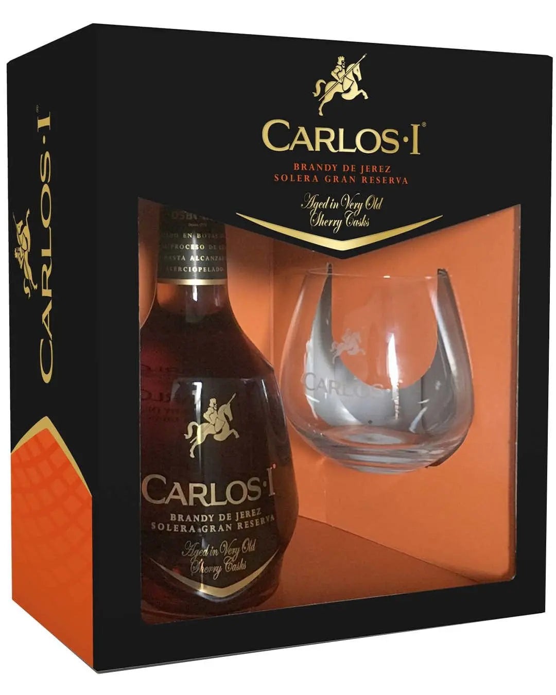 Carlos I Brandy De Jerez Solera Gran Reserva gift pack featuring a dark amber bottle and a branded glass, all presented in a stylish black and orange box.