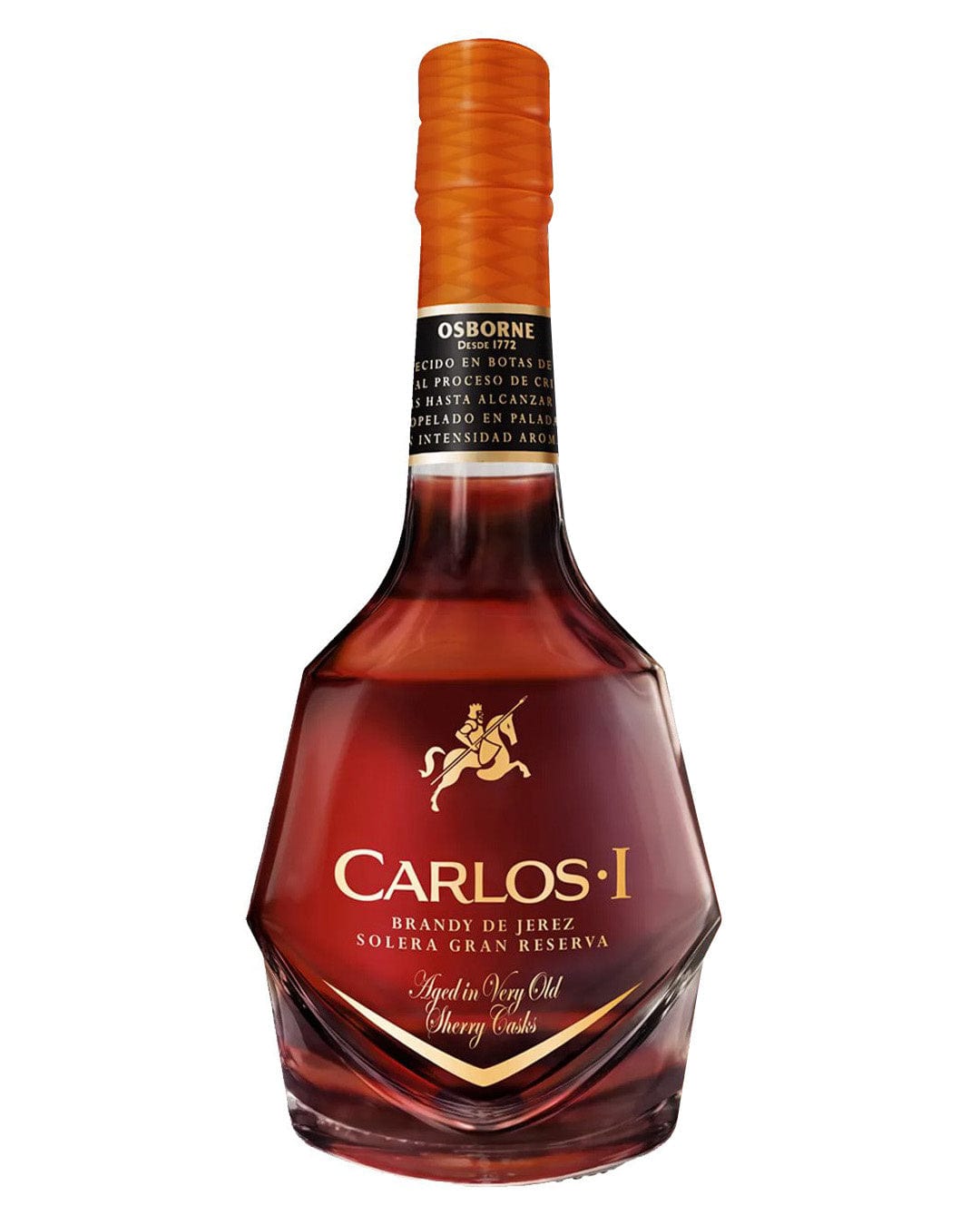 Amber-hued glass bottle of Carlos I Solera Gran Reserva Brandy de Jerez, featuring a distinctive horse logo and a vibrant orange cap, with a 5 cl capacity.