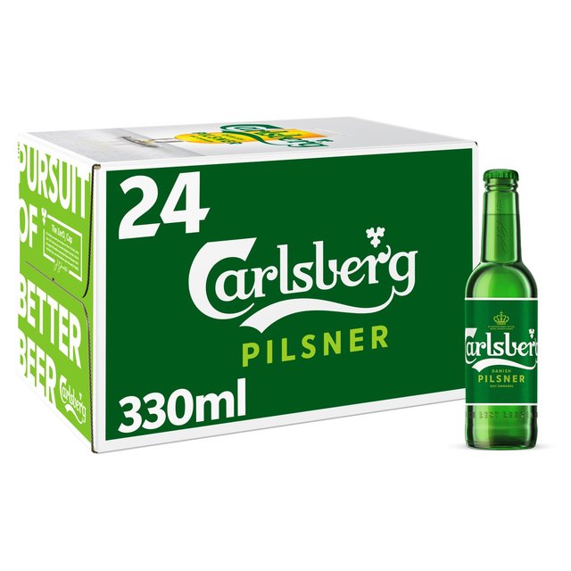 Green cardboard multipack box labeled "Carlsberg Pilsner" containing 24 bottles, each 330 ml, with a single green glass bottle displayed beside it.