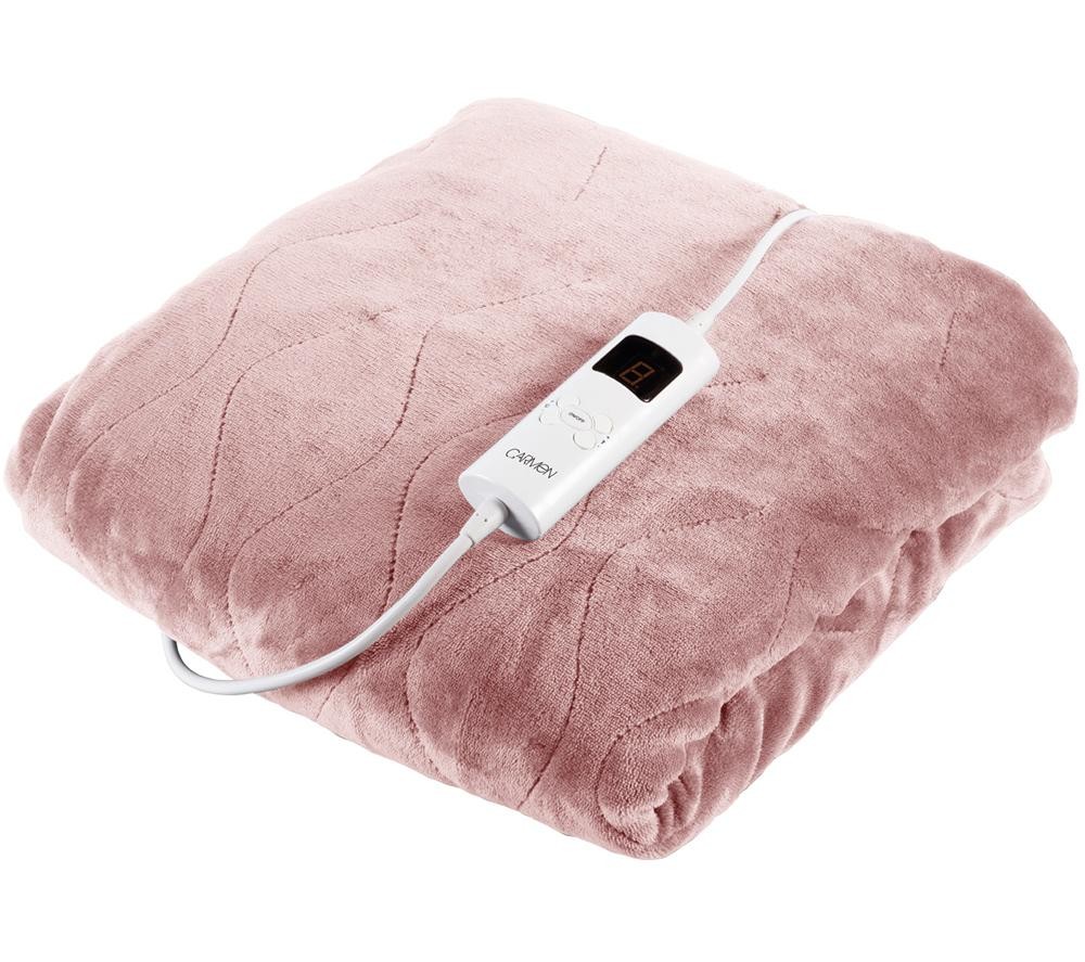 Dusty pink fleece electric over blanket by Silver, measuring 160 x 130cm, featuring a soft texture and an attached white control unit with a digital display.