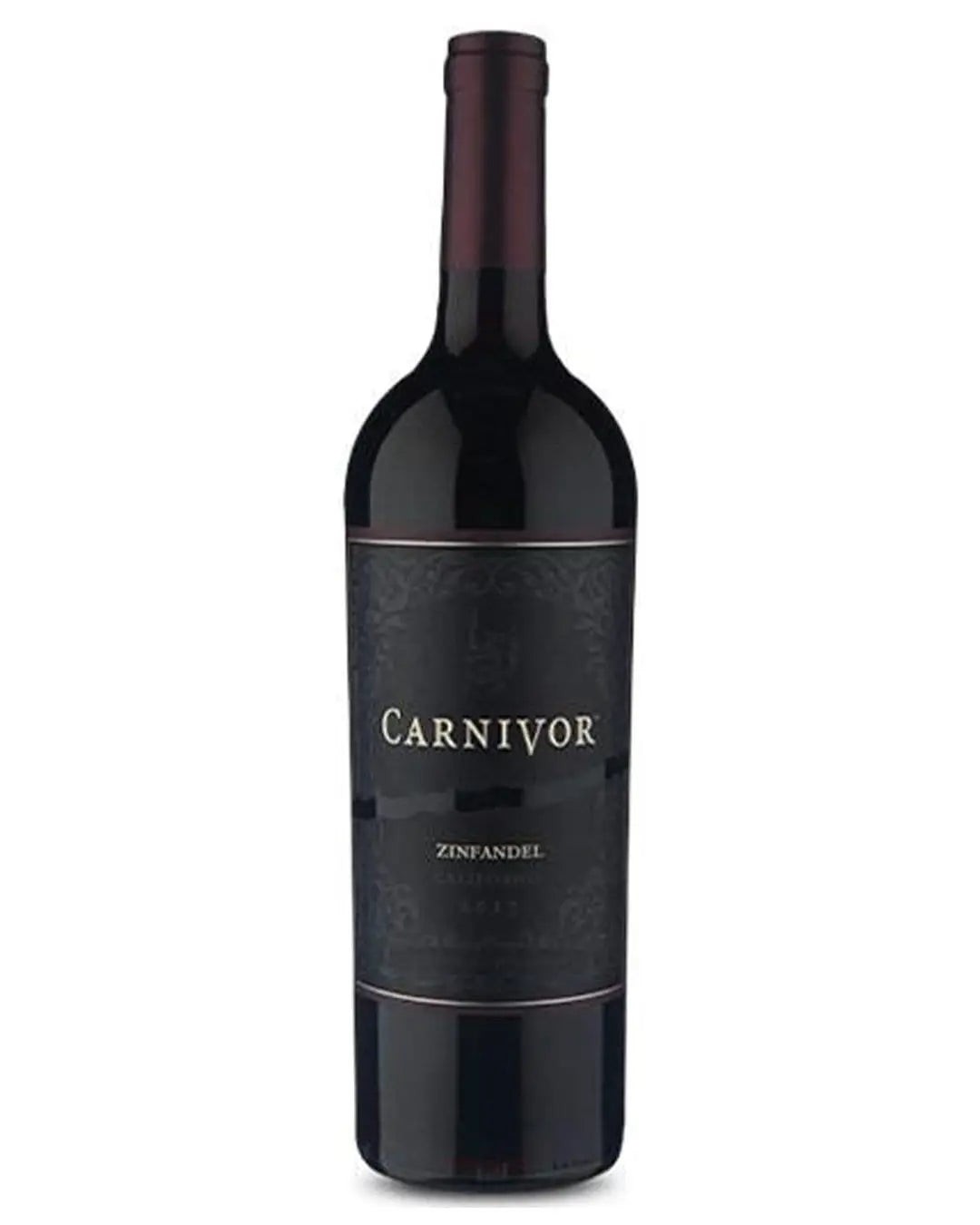 A dark red wine bottle with a tall neck, featuring a black label embossed with "CARNIVOR" in bold white letters and "ZINFANDEL 2020" in smaller text below.