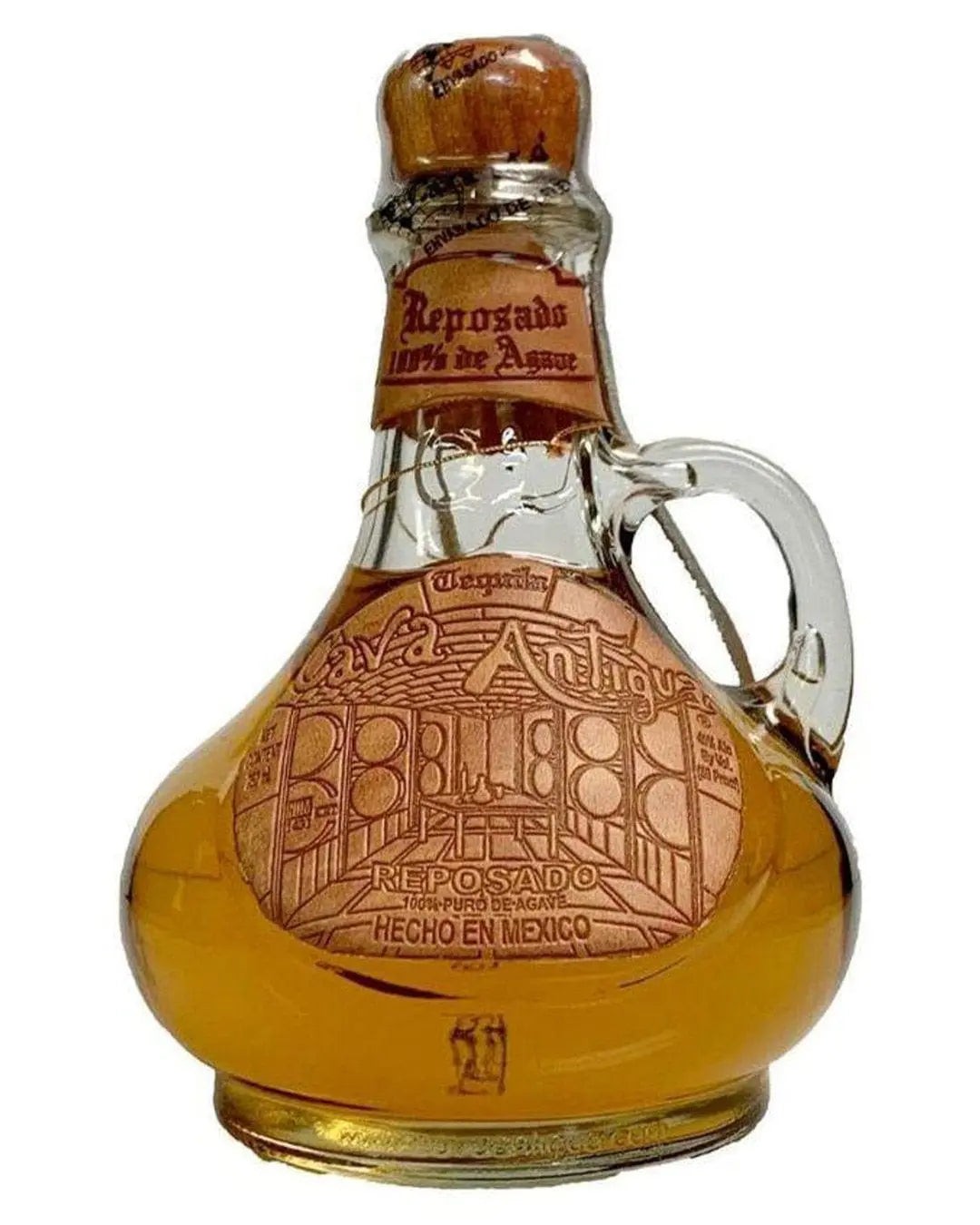 Cava Antigua Reposado Tequila in a uniquely shaped glass bottle with a cork stopper, featuring a copper label and a warm amber liquid inside.