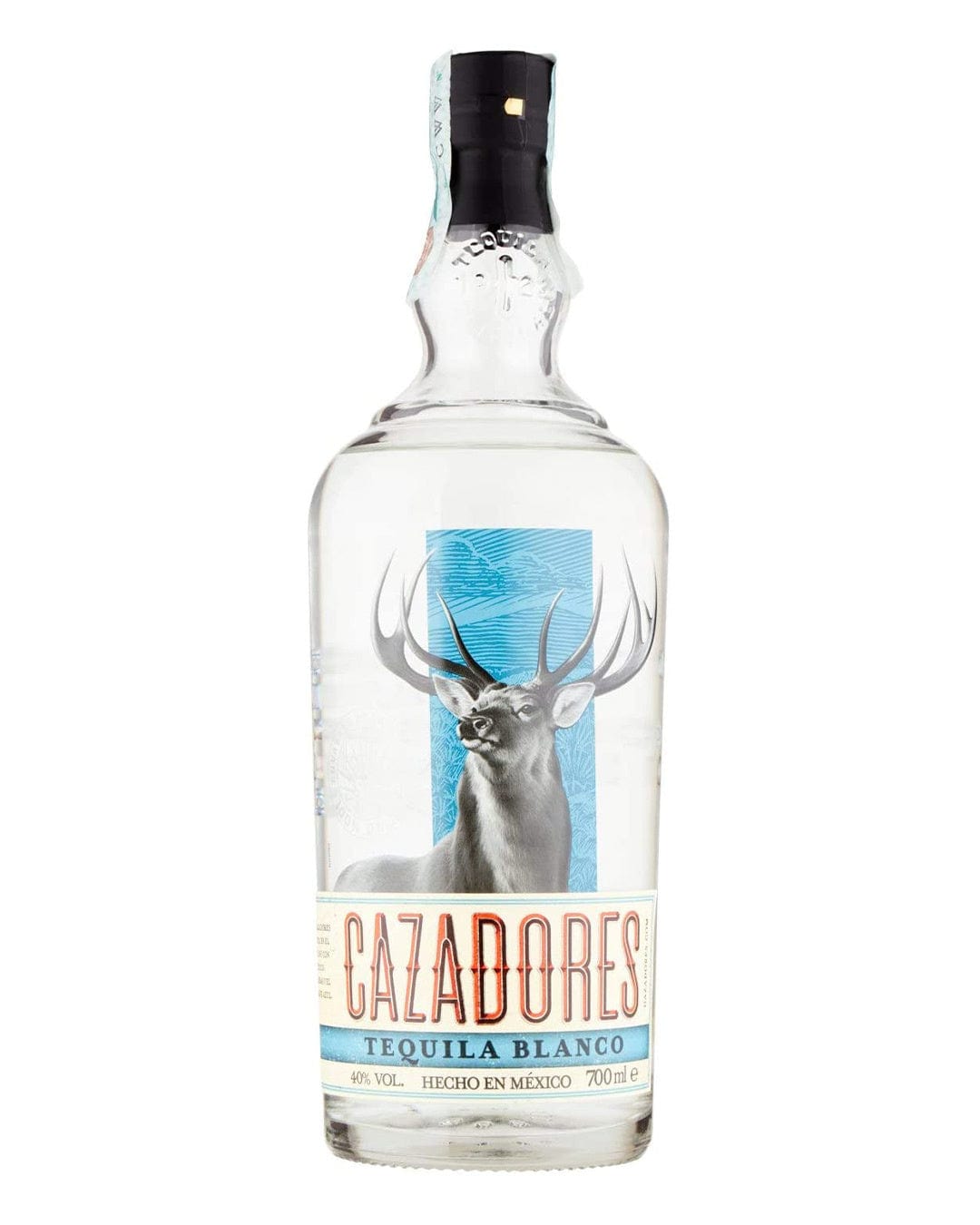Clear glass bottle of Cazadores Blanco Tequila, featuring a blue label with a deer graphic, and a black cap, holding 70 cl of tequila.