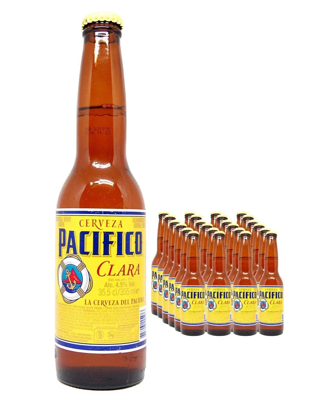 A case of 24 Pacifico Clara beer bottles, each 355 ml, featuring amber glass with a yellow label displaying a colorful logo and text in blue and red.