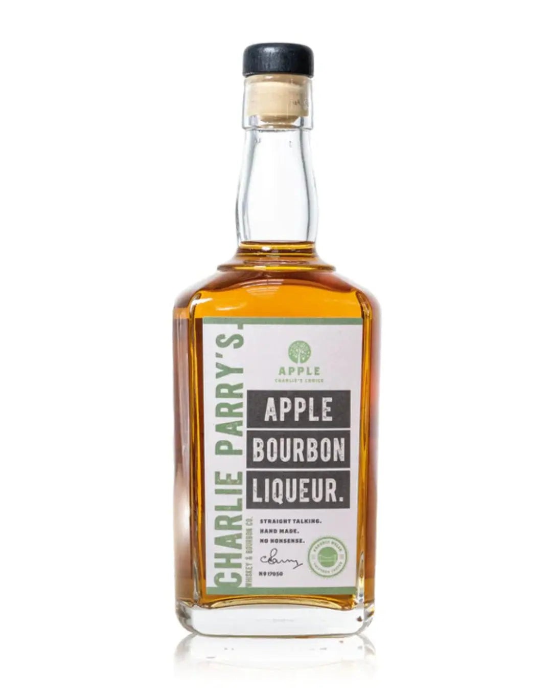 Clear glass bottle with a cork stopper, filled with amber-colored liqueur, featuring a white label with green accents and black text reading "Charlie Parry's Apple Bourbon Liqueur."