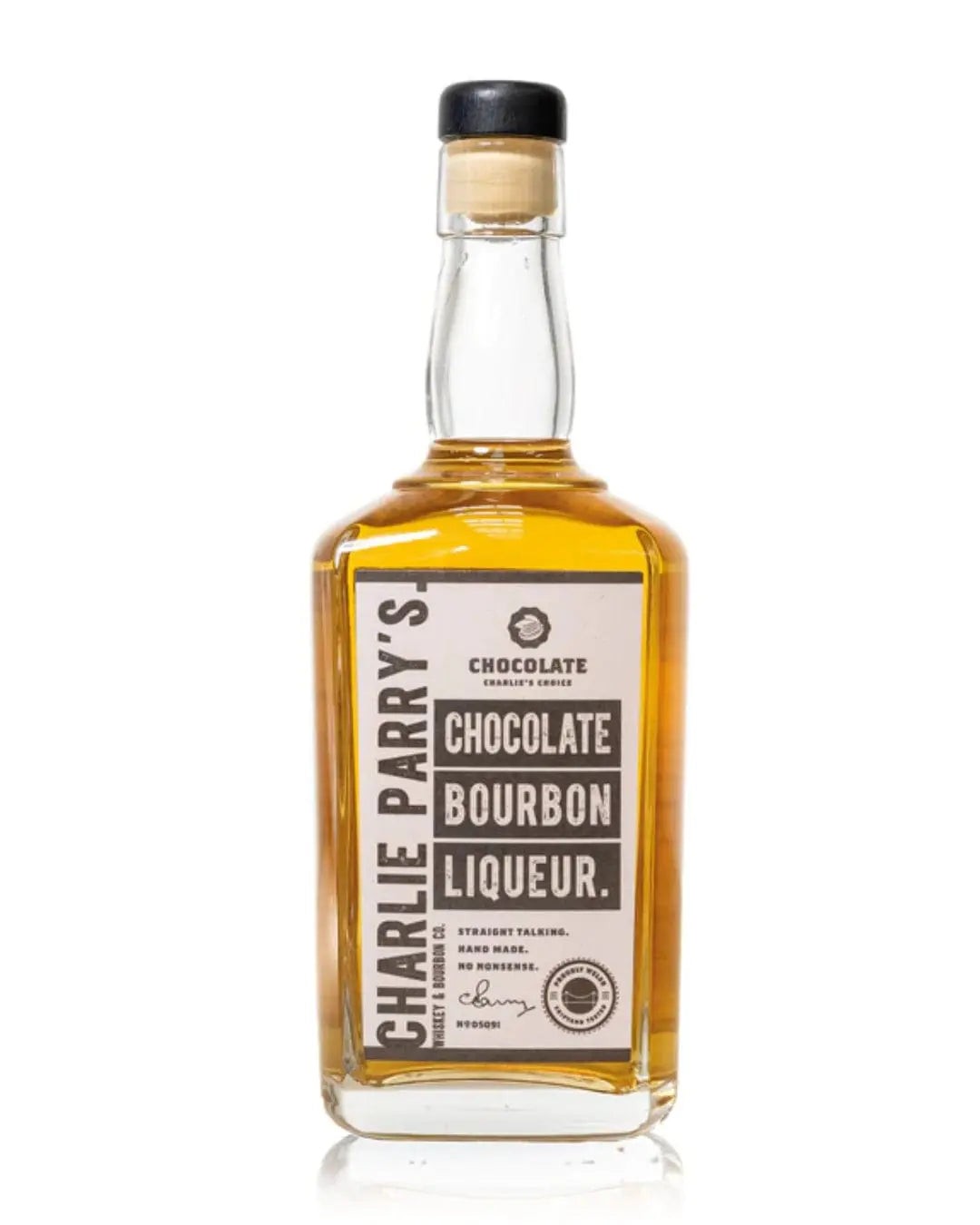 Charlie Parry's Chocolate Bourbon Liqueur in a clear glass bottle with a cork stopper, featuring a cream and brown label with bold black text, showcasing a rich amber liquid.