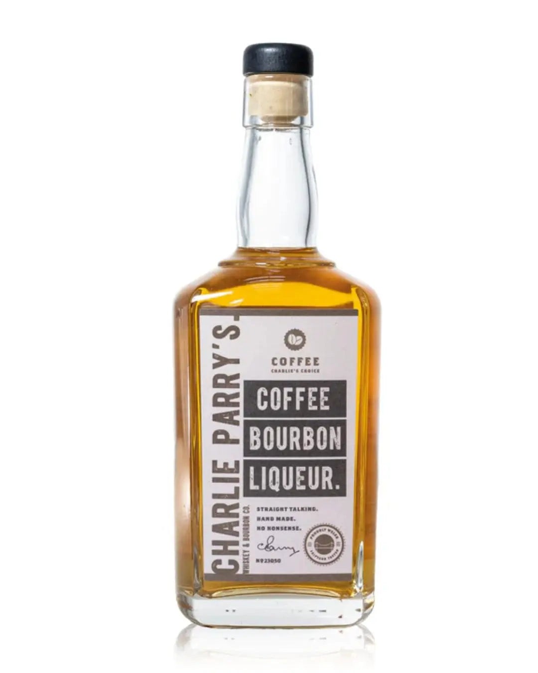 Clear glass bottle with a cork stopper, featuring a label with black and white text, showcasing "Charlie Parry's Coffee Bourbon Liqueur" and a warm amber liquid inside.