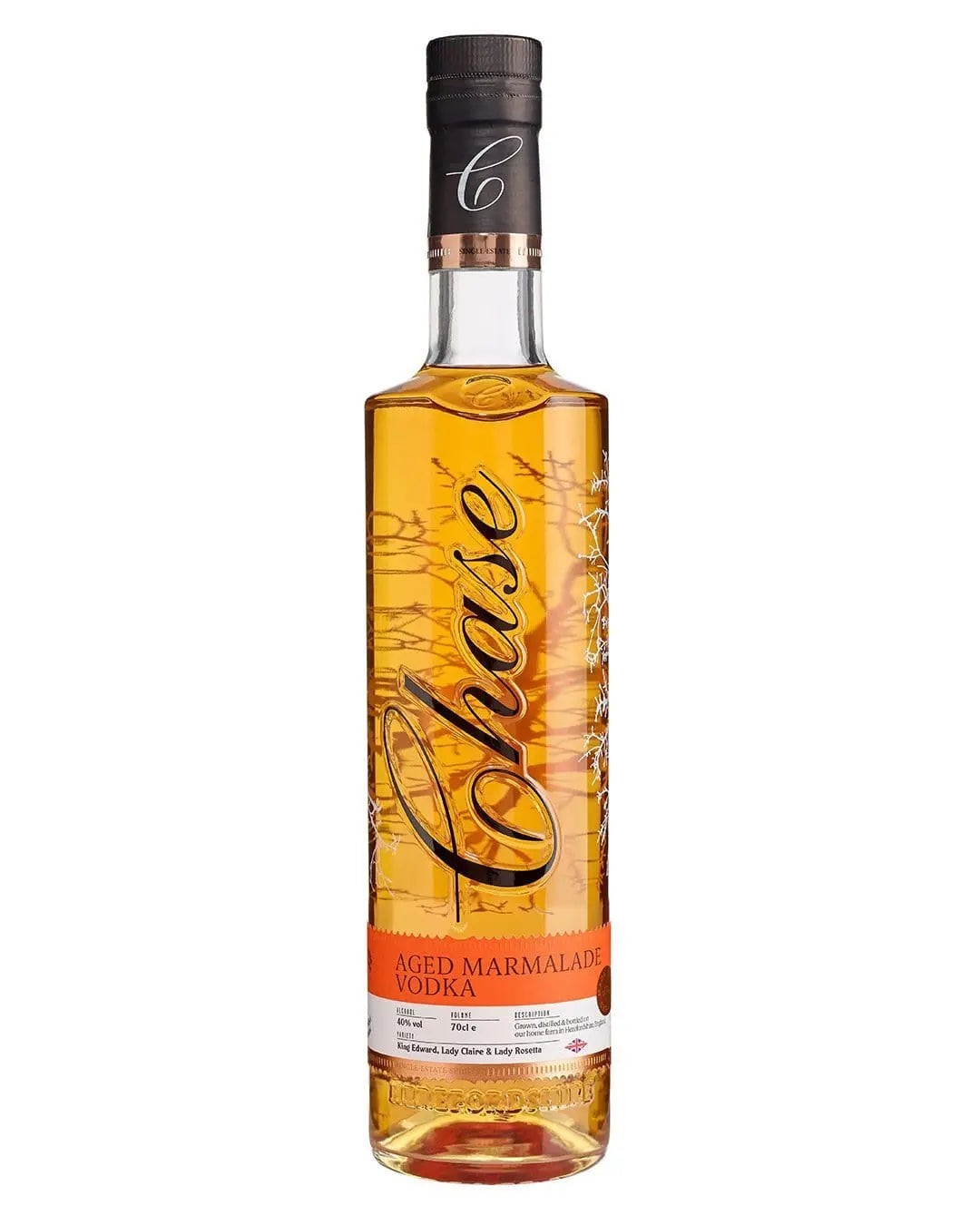 Clear glass bottle with a cork stopper, filled with amber-colored Chase Aged Marmalade Vodka, featuring a decorative label and an orange accent at the base.