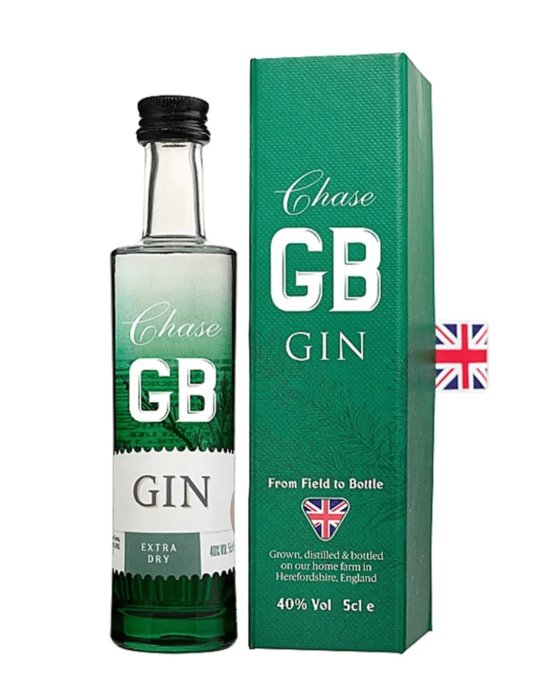 Chase GB Gin miniature gift box features a green cardboard box with a British flag, and a clear glass bottle labeled "Chase GB Gin" with a white and green design.