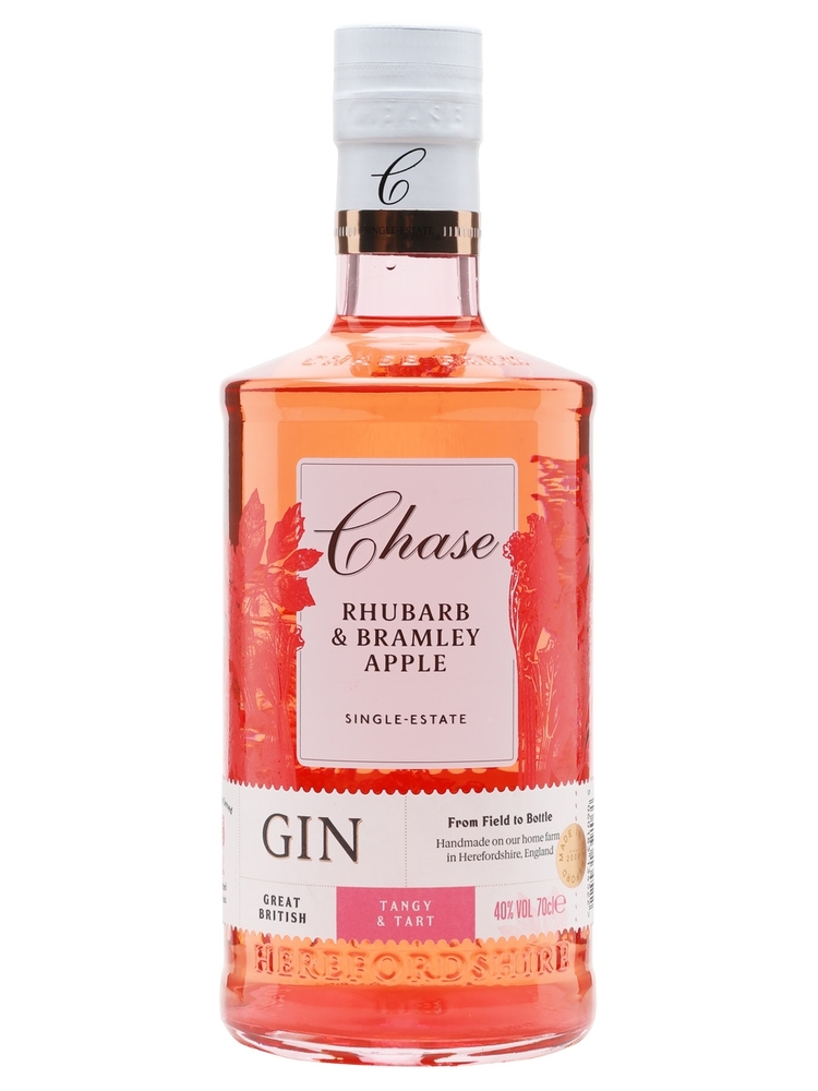 Chase Rhubarb & Apple Gin bottle with a pink liquid, clear glass, white cap, and a label featuring floral designs and text in pink and white, highlighting its single-estate origin.