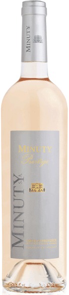 A light pink bottle of Chateau Minuty Prestige Rosé 2025 with a sleek silver label featuring the brand name and logo, showcasing an elegant design.