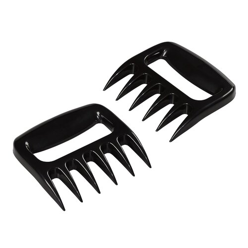 Black plastic BBQ pulled pork claws with five sharp prongs each, designed for shredding meat, featuring ergonomic handles for easy grip.