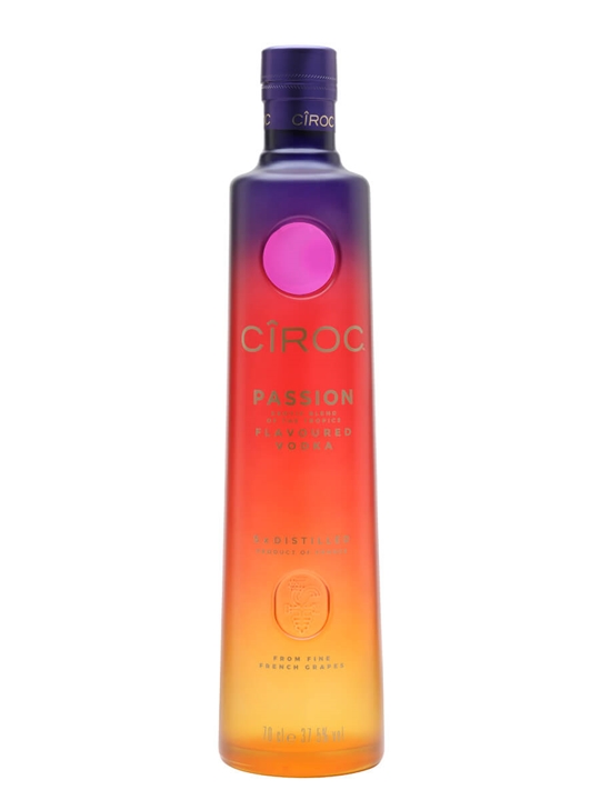 Ciroc Passion Vodka bottle, 70 cl, featuring a gradient design from purple to orange, with a round purple cap and embossed logo at the base.