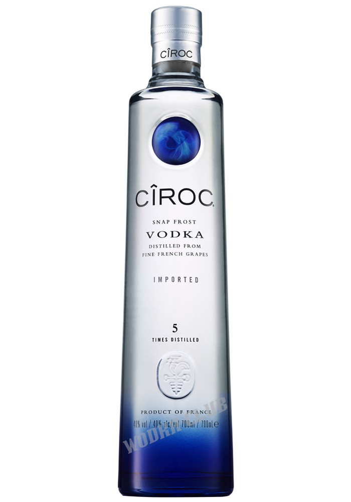 Clear glass bottle of Ciroc Vodka Magnum, 1.75 L, featuring a blue and silver label, with a sleek design and a round cap, emphasizing its premium quality and French origin.
