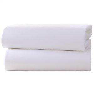 Two soft, white fitted cotton sheets designed for Moses baskets, featuring a smooth texture and a classic, versatile look suitable for infants.