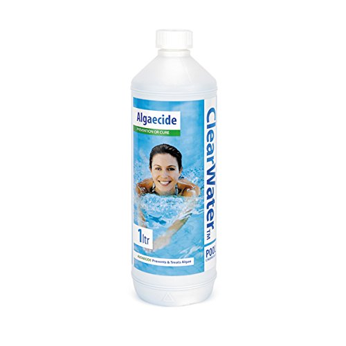 ClearWater 1-liter clear plastic bottle of algaecide for pools and spas, featuring a blue and white label with a smiling woman in a swimming pool.