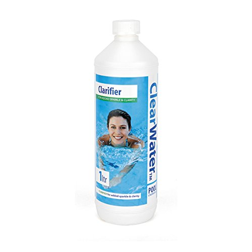 ClearWater 1ltr clear water clarifier bottle, featuring a white plastic container with a blue label, showcasing a smiling person in a pool, promoting clarity for swimming pools and hot tubs.