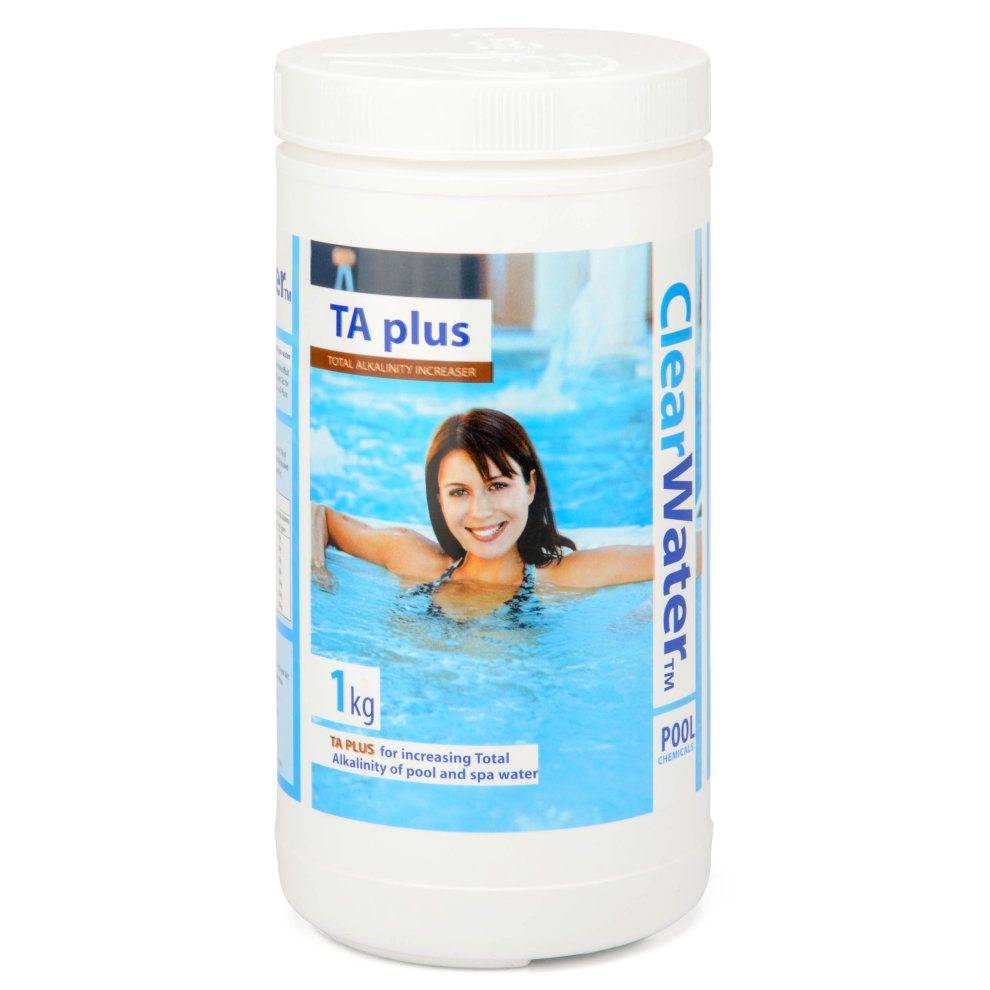 White plastic container labeled "Clearwater TA Plus" with a blue and white design, featuring a smiling woman in a swimming pool; contains 1kg of alkalinity increaser for pools and spas.