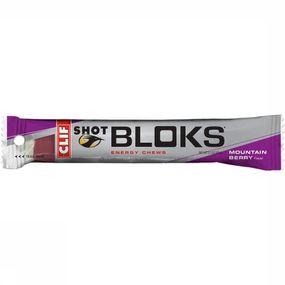 Clif Blok Energy Chews in Mountain Berry packaging, featuring a purple and silver wrapper with the Clif logo and product name prominently displayed.