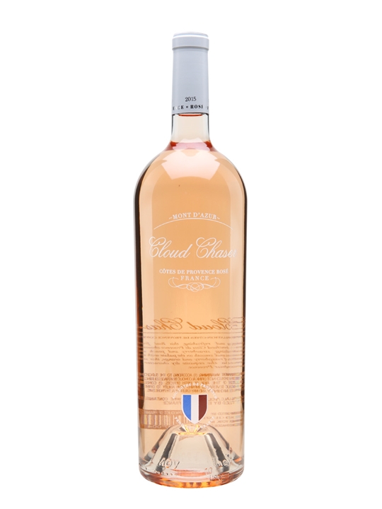 Tall, clear glass magnum bottle of Cloud Chaser Provence Rosé, 1.5 L, featuring a light pink liquid, elegant label with white text, and a silver screw cap.