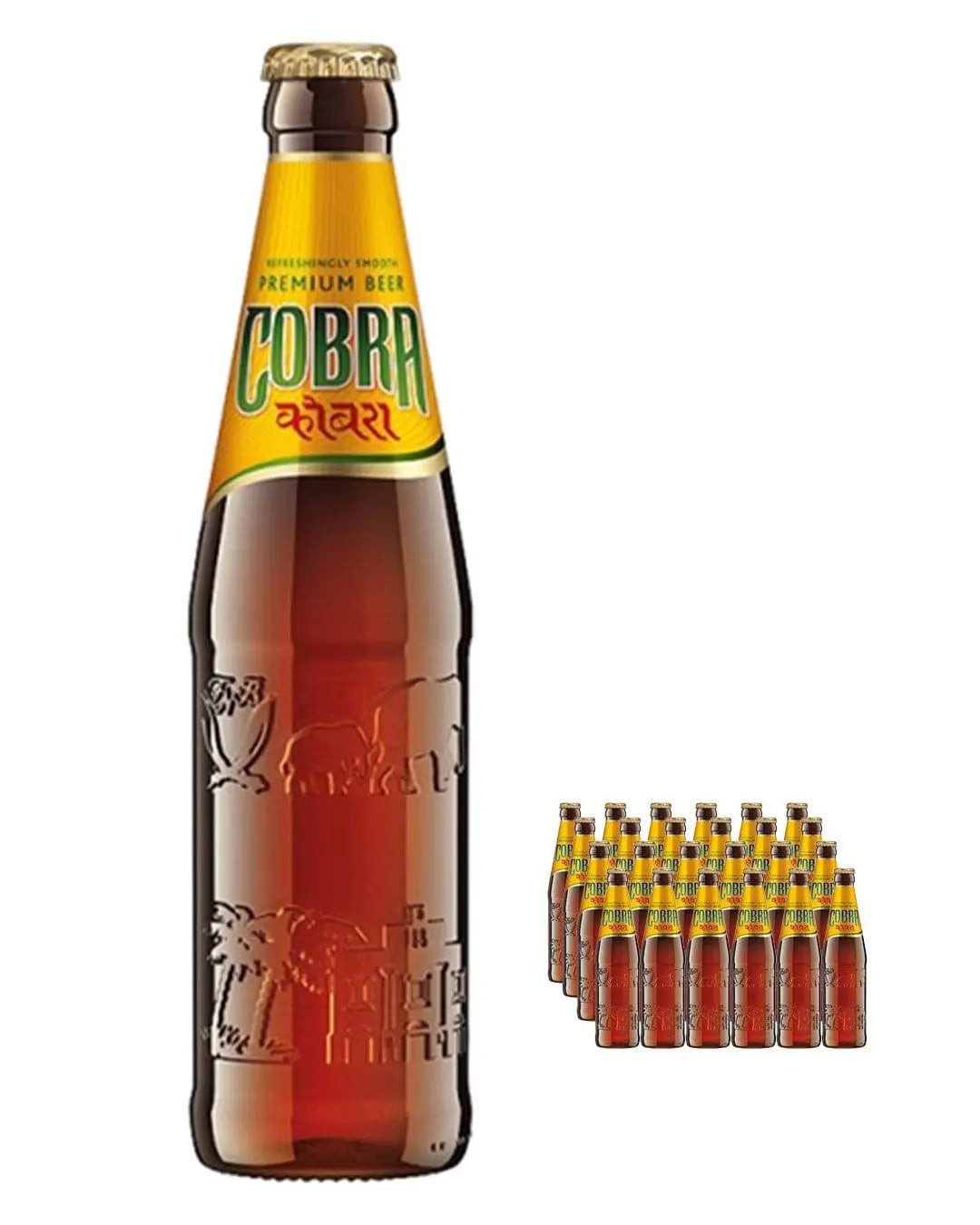 Cobra Extra Smooth Premium Lager beer in a brown glass bottle with a yellow and green label, featuring a pack of 24 bottles, each 330 ml.
