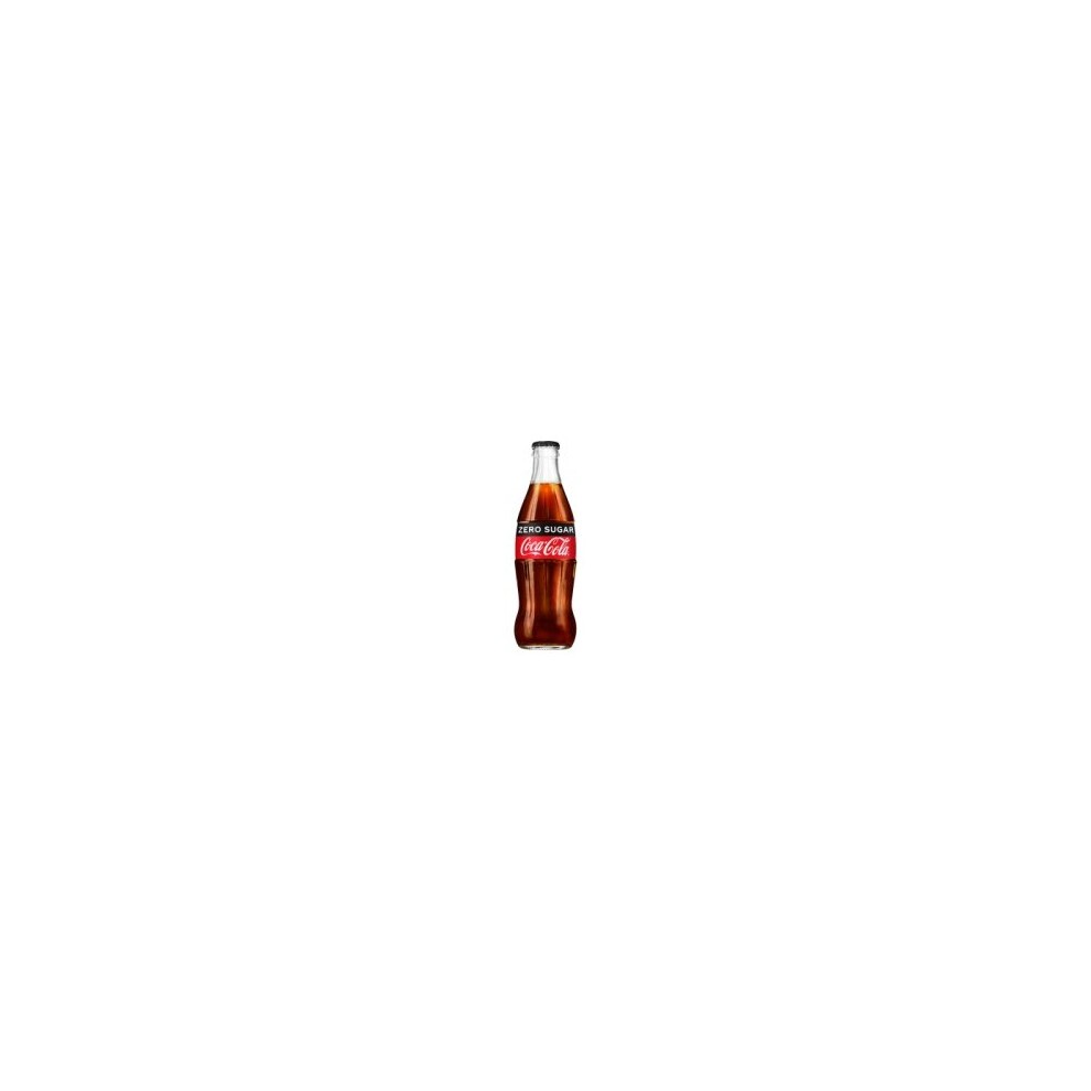Coca-Cola Coke Zero glass bottle, featuring a classic contour shape, with a red and black label, packed in a multipack of 24, each bottle containing 330 ml.