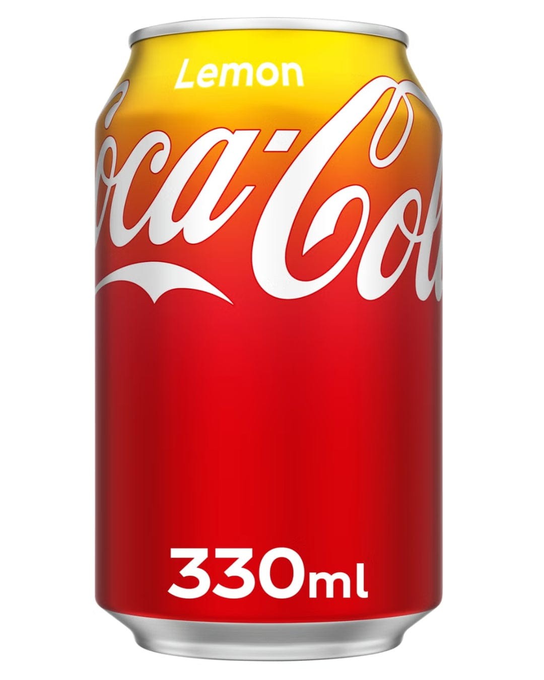 Coca-Cola Lemon can featuring a vibrant yellow and red gradient design, prominently displaying "Lemon" and "330ml" in white text.