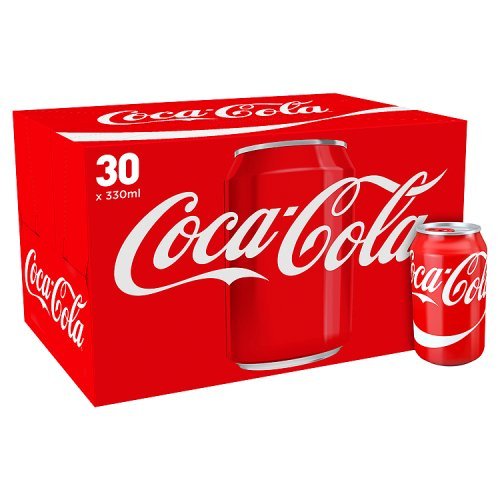 Red cardboard box containing 30 cans of Coca-Cola, each 330ml, with a single can displayed beside the box, featuring the iconic white cursive logo.