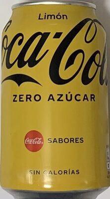 Yellow can of Coca-Cola Zero Sugar Lemon, featuring bold black lettering, with "Limón" and "Sin Calorías" text, showcasing a refreshing citrus flavor.