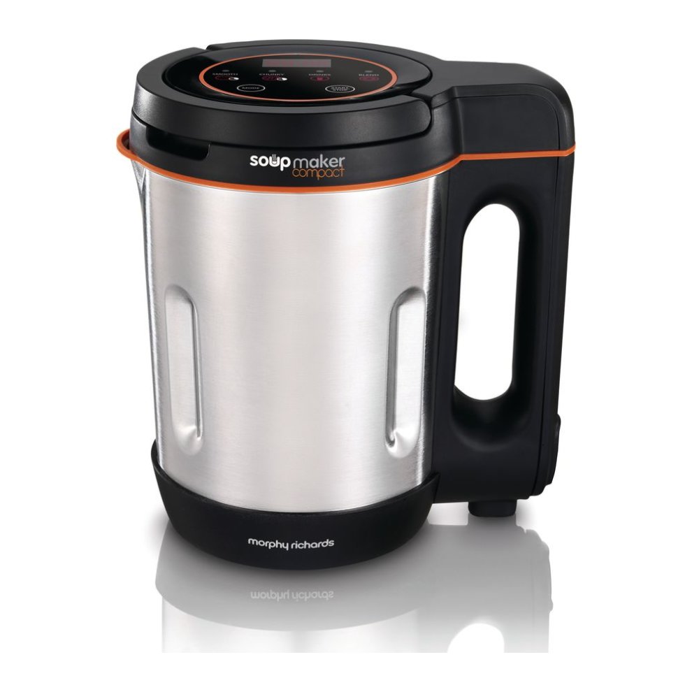Silver stainless steel soup maker with a black handle, orange accents, and control panel featuring buttons for various functions.