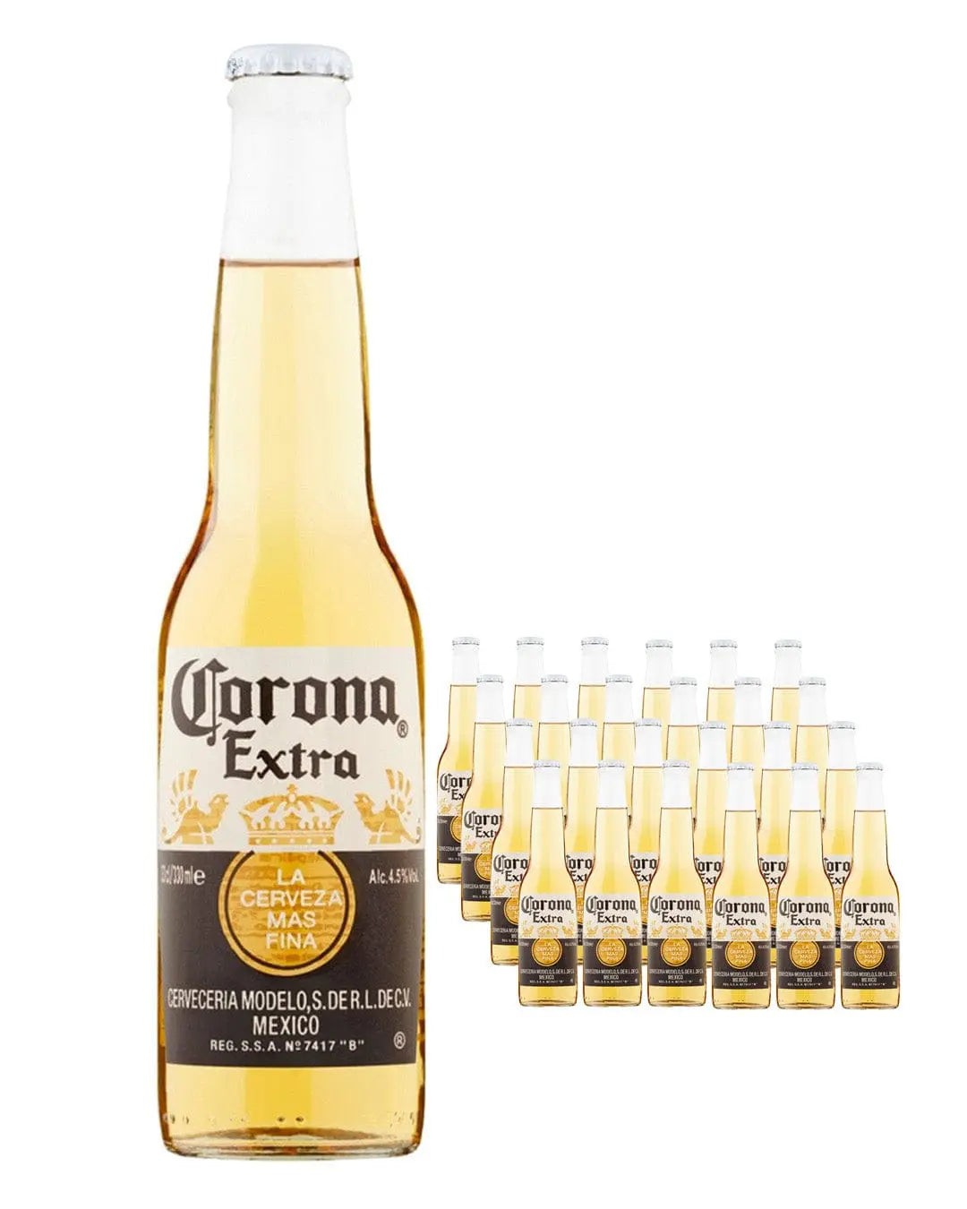 A 24-pack of Corona Extra Lager featuring clear glass bottles with a light golden beer, labeled with a black and gold design, showcasing the brand logo and Mexican origin.