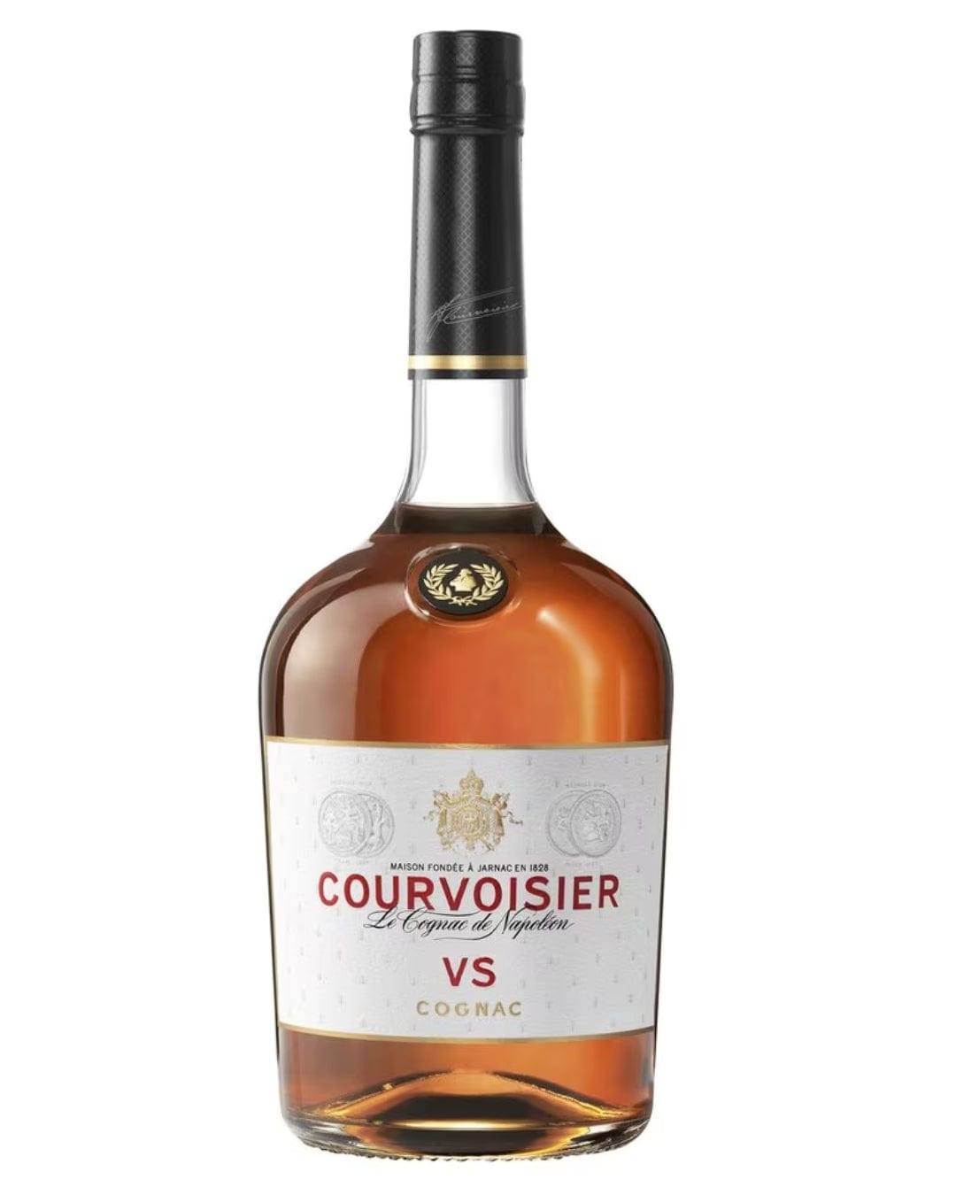 Courvoisier VS Cognac bottle, 1 L, features a rounded glass body with a rich amber liquid, a black neck, and a white label with gold accents and the brand name prominently displayed.