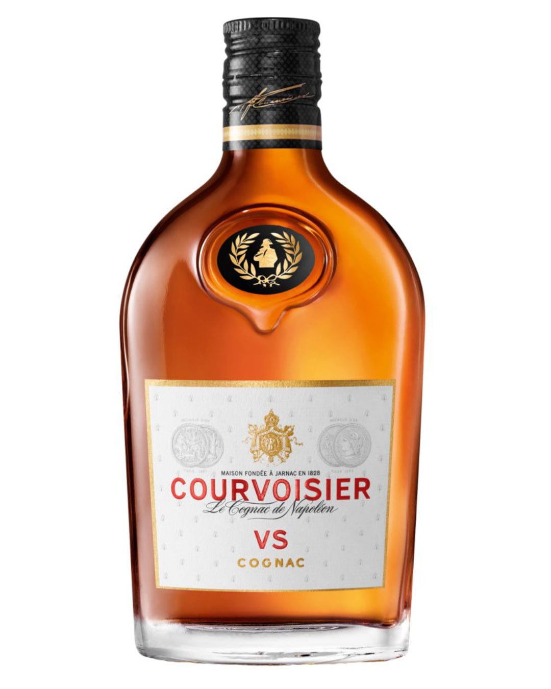 Courvoisier VS Cognac miniature bottle, 10 cl, featuring a rounded glass design, amber liquid, gold and black label with emblem, and a cork stopper.