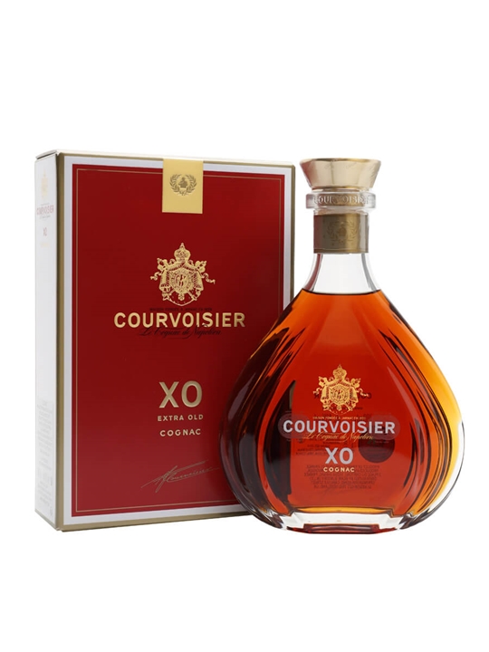 Courvoisier XO Cognac features a distinctive curved glass bottle with a golden stopper, showcasing rich amber liquid, accompanied by a red and gold box with elegant branding.