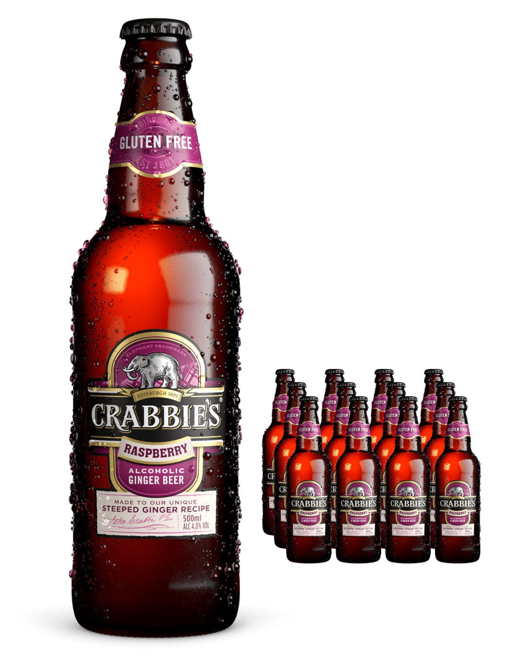 Twelve bottles of Crabbie's Raspberry Ginger Beer, each 500 ml, featuring a dark amber glass with a purple label and a prominent logo, all with condensation droplets.