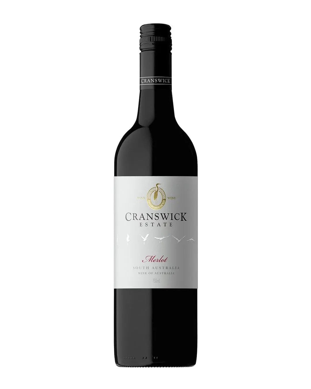 Cranswick Estate Merlot bottle, 75 cl, featuring a sleek dark glass design with a white label displaying the brand name and wine type, accented by a gold emblem.