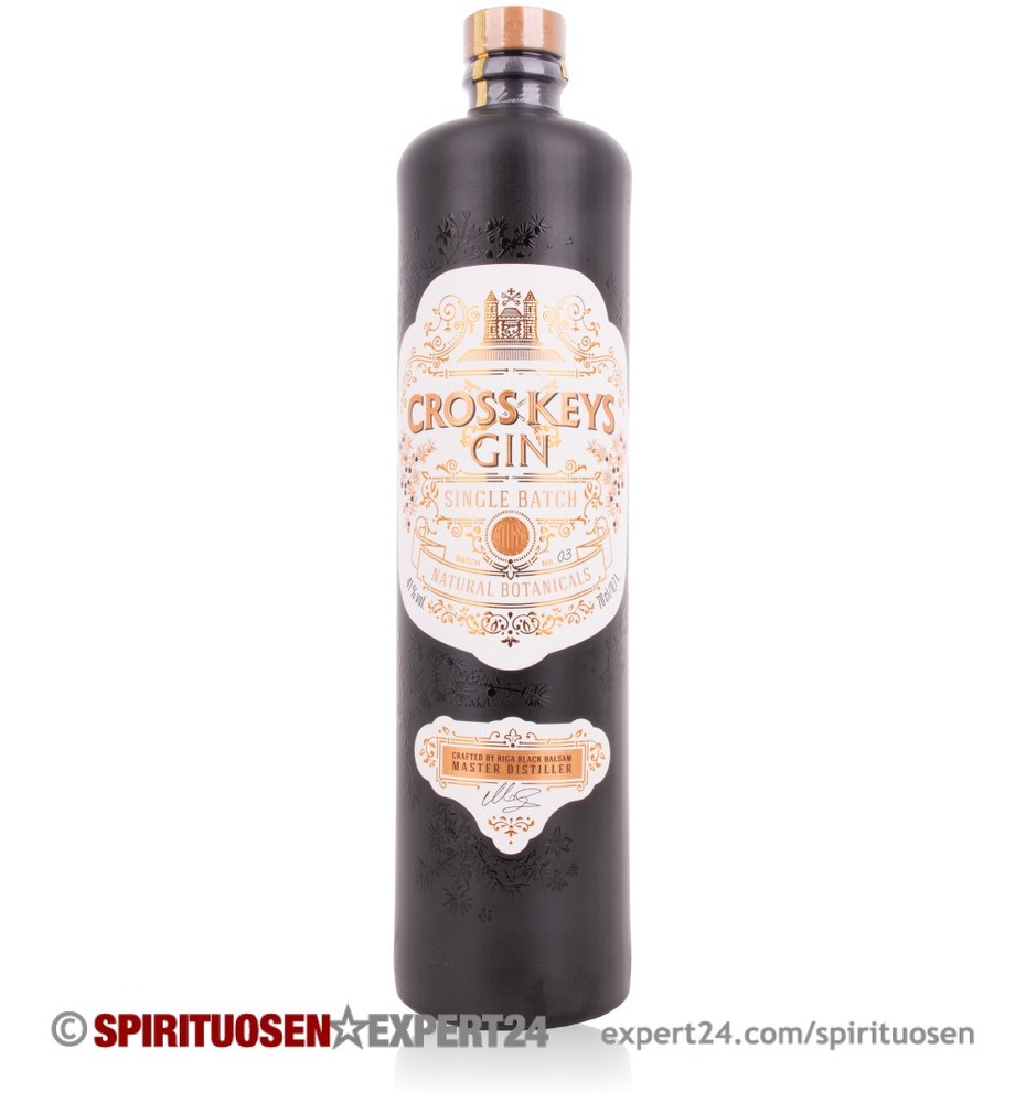 Cross Keys Gin bottle features a sleek black design with an ornate white label, showcasing "Single Batch" and "Natural Botanicals" in elegant typography.