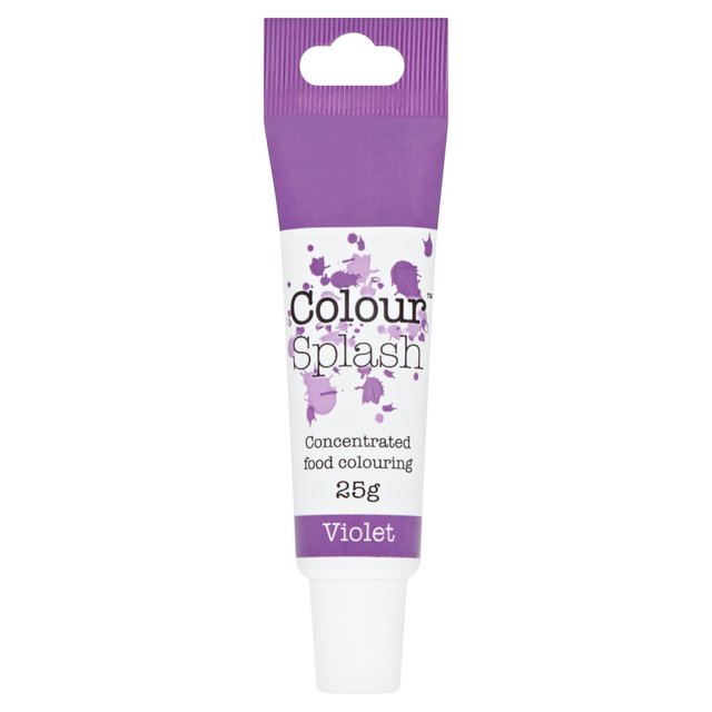 Violet Culpitt Colour Splash food icing colouring gel in a 25g tube, featuring a purple cap and splatter design on a white background with black text.