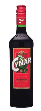 Dark green glass bottle of Cynar Liqueur with a red label featuring the word "CYNAR" in bold white letters, adorned with a green and gold cap.