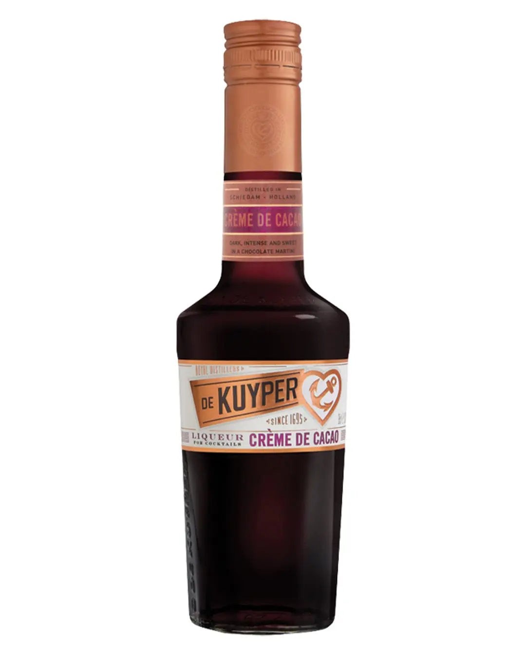 Brown glass bottle of De Kuyper Creme De Cacao liqueur, featuring a copper-colored cap, orange and white label with text detailing the product and brand.