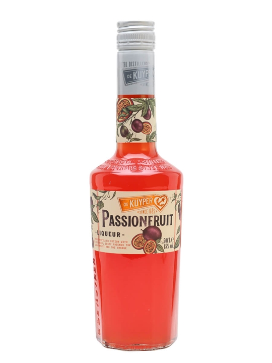 Clear glass bottle of De Kuyper Passionfruit liqueur, featuring a vibrant red liquid, decorative label with passionfruit illustrations, and a silver screw cap.