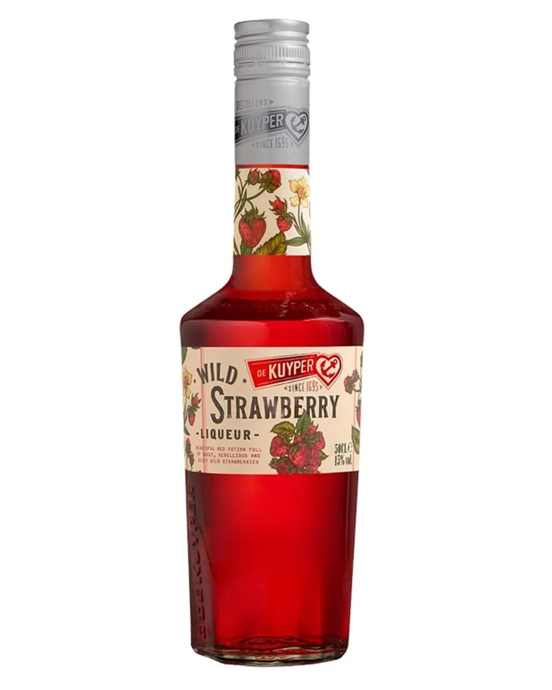 De Kuyper Strawberry Liqueur bottle featuring a vibrant red liquid, floral label with strawberries, and a silver screw cap, holding 50 cl with 15% alcohol content.