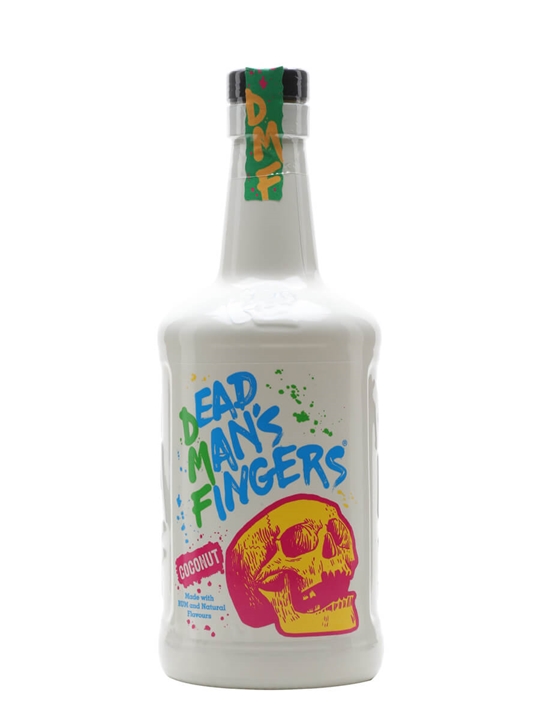 White bottle of Dead Man’s Fingers Coconut Rum, featuring a colorful skull design and vibrant text, with a green and orange cap, labeled 70 Cl.